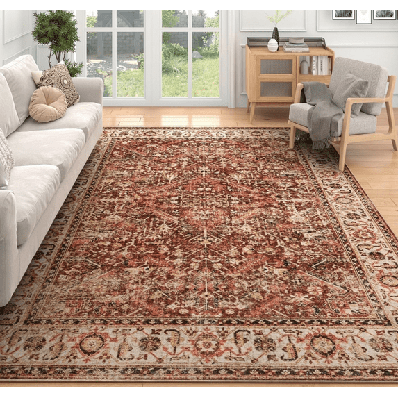 SIXHOME 10'x14' Area Rugs for Living Room Washable Rugs Carpet Vintage Traditional Rugs for Bedroom Dinning Room Office Soft Non Slip Large Area Rug Retro Home Decor Brick Red