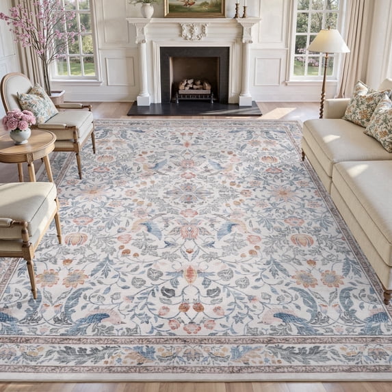 SIXHOME 10'x14' Rugs for Living Room Botanical Washable Rugs Boho Floral Birds Carpet Ultra Soft Nature Plants Modern Indoor Rugs for Bedroom Dining Room Office Vintage Home Decor Beige