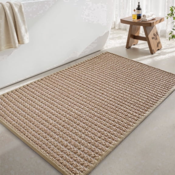 SIXHOME 17"x24" Bathroom Rug Non-Slip Absorbent Bath Mat Quick Dry Thin Soft Woven Boho Floor Mat Durable Textured Look Beige