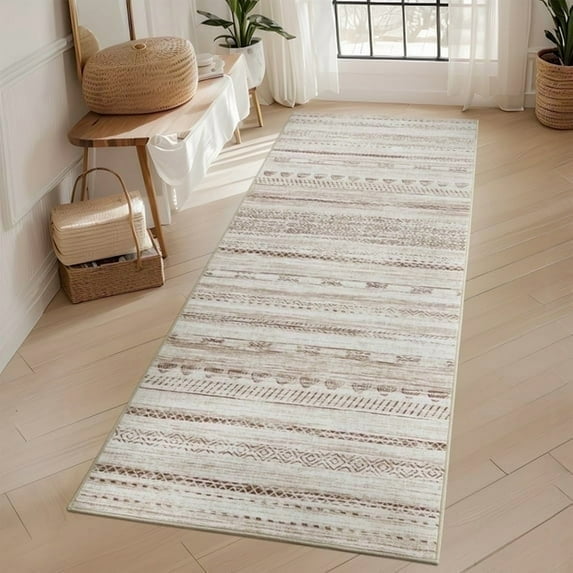 SIXHOME 2-Piece Kitchen Rugs and Runner Set Washable Neutral Geometric Bohemian Kitchen Mat Non-Slip Low-Profile Rugs for Kitchen Sink Laundry Bedside 24"x35"+24"x71" Brown