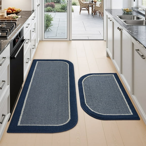 SIXHOME 2-Piece Non-Slip Kitchen Rugs, Washable Twill Half Circle Mats 20"x32" & 20"x47", Blue for Sink, Laundry