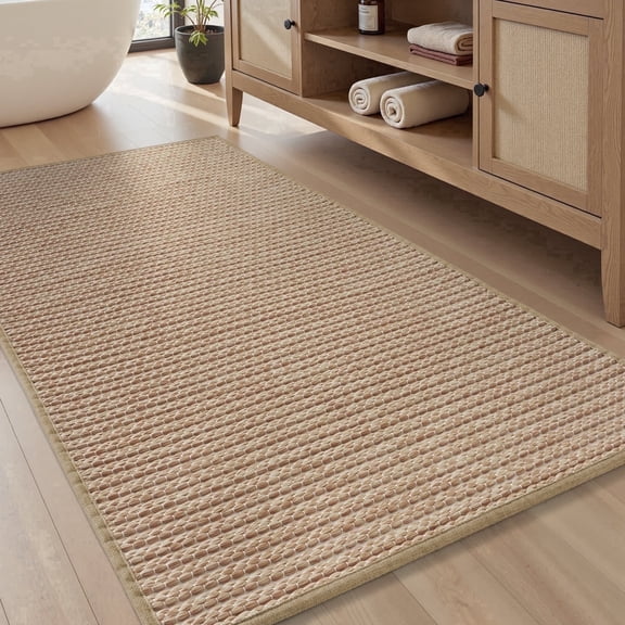 SIXHOME 2' x 4' Bath Rug Non-Slip Absorbent Bathroom Runner Rug Quick Dry Thin Soft Woven Boho Floor Mat Durable Textured Look Beige