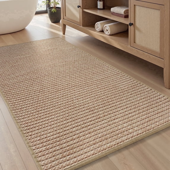 SIXHOME 2' x 4' Bath Rug Non-Slip Absorbent Bathroom Runner Rug Quick Dry Thin Soft Woven Boho Floor Mat Durable Textured Look Beige