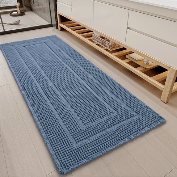 SIXHOME Waffle Bath Mat for Bathroom, Soft Plush Absorbent Non Slip Bathroom Rug, Quick Dry Machine Washable Bath Mat with Rubber Backing, Boho Tassel Floor Rug, 2'x4' Blue