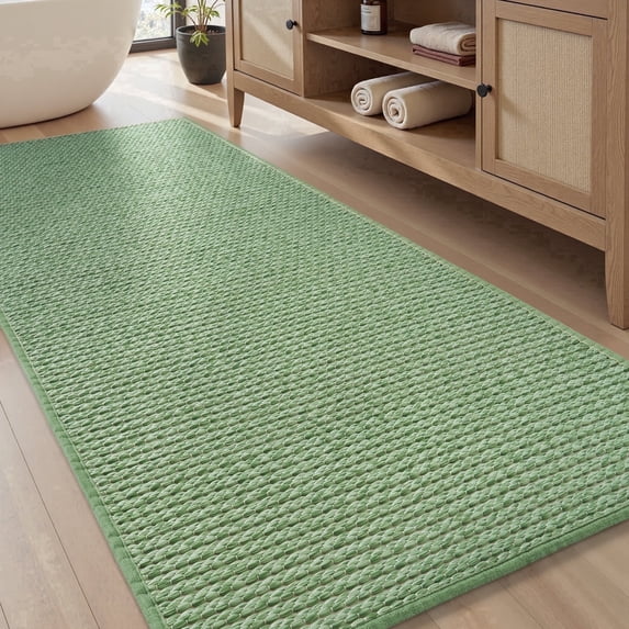 SIXHOME 2' x 6' Bath Rug Non-Slip Absorbent Bathroom Runner Rug Quick Dry Thin Soft Woven Boho Floor Mat Durable Textured Look Green