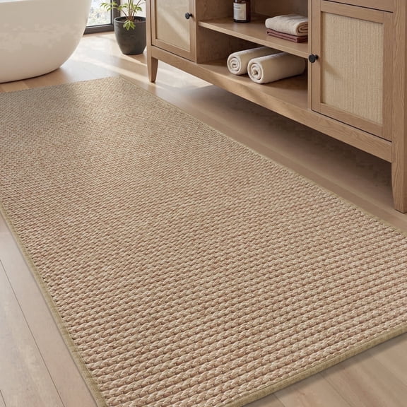 SIXHOME 2' x 6' Bath Rug Non-Slip Absorbent Bathroom Runner Rug Quick Dry Thin Soft Woven Boho Floor Mat Durable Textured Look Beige