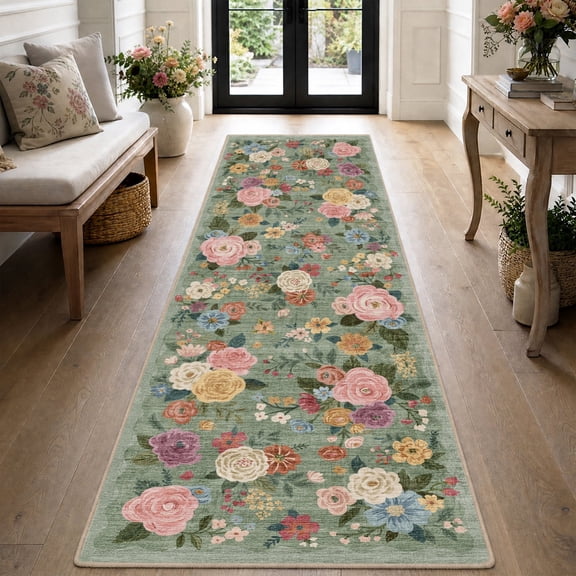 SIXHOME 2' x 6' Washable Runner Rug, Farmhouse Floral Non-Slip Carpet,Soft Botanical Indoor Rug for Hallway, Bedroom, Bedside, Laundry Room & Kitchen, Green