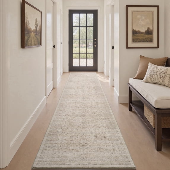 SIXHOME 2'x10' Vintage Distressed Area Rug Soft Washable Non-Slip Carpet American Classic Retro Rug with Geometric Rugs for Living Room Bedroom Neutral Home Decor Beige