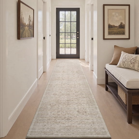 SIXHOME 2'x10' Vintage Distressed Area Rug Soft Washable Non-Slip Carpet American Classic Retro Rug with Geometric Rugs for Living Room Bedroom Neutral Home Decor Beige