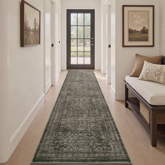 SIXHOME 2'x10' Vintage Distressed Area Rug Soft Washable Non-Slip Carpet American Classic Retro Rug with Geometric Rugs for Living Room Bedroom Neutral Home Decor Green
