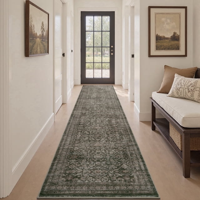SIXHOME 2'x10' Vintage Distressed Area Rug Soft Washable Non-Slip Carpet American Classic Retro Rug with Geometric Rugs for Living Room Bedroom Neutral Home Decor Green
