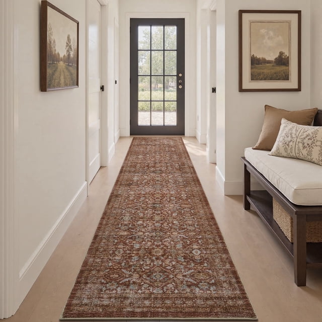SIXHOME 2'x10' Vintage Distressed Area Rug Soft Washable Non-Slip Carpet American Classic Retro Rug with Geometric Rugs for Living Room Bedroom Neutral Home Decor Red