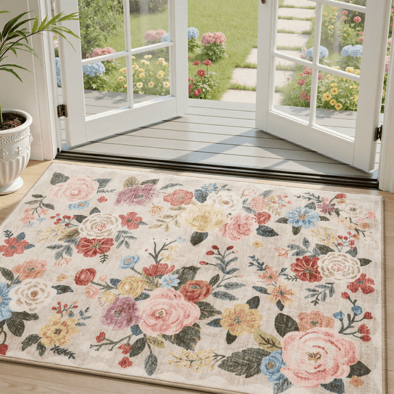 SIXHOME 2'x3' Area Rug Floral Washable Small Rugs for Entryway Kitchen Entrance Bedroom Soft Flower Non Slip Farmhouse Carpet Indoor Rug Beige
