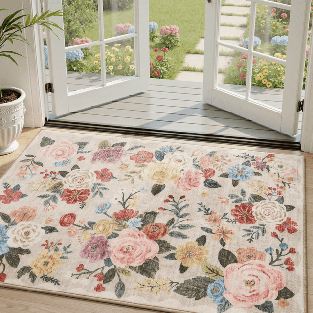 SIXHOME 2'x3' Area Rug Floral Washable Small Rugs for Entryway Kitchen Entrance Bedroom Soft Flower Non Slip Farmhouse Carpet Indoor Rug Beige