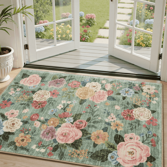 SIXHOME 2'x3' Area Rug Floral Washable Small Rugs for Entryway Kitchen Entrance Bedroom Soft Flower Non Slip Farmhouse Carpet Indoor Rug Green