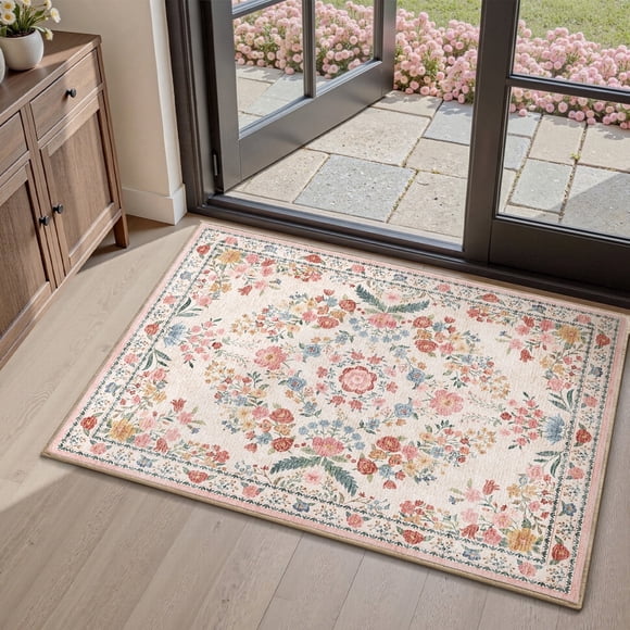 SIXHOME 2'x3' Vintage Floral Area Rug, Washable Non-Slip Rose Garden Accent Rug for Entryway Kitchen Bedroom, Beige Pink Multi