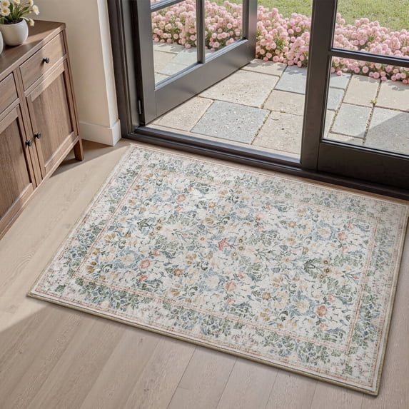 SIXHOME 2'x3' Floral Area Rug, Washable Non-Slip Traditional Carpet, Soft Botanical Accent Rug for Entryway Kitchen Bedroom, Sage Green