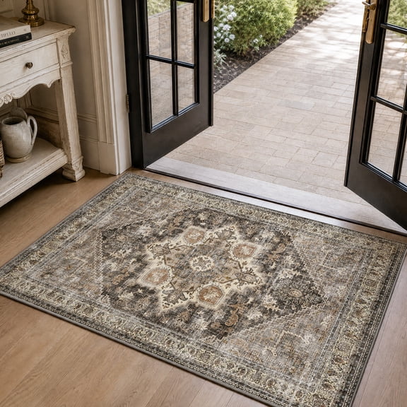 SIXHOME 2'x3' Eastern Classic Area Rug Washable Distressed Carpet Vintage Medallion Rugs for Living Room Bedroom Kitchen Dining Room Retro Neutral Home Decor Brown