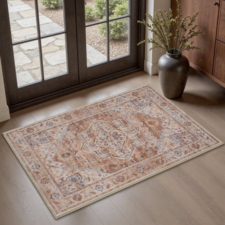SIXHOME 2'x3' Eastern Classic Area Rug Washable Distressed Carpet Vintage Medallion Rugs for Living Room Bedroom Kitchen Dining Room Retro Neutral Home Decor Red