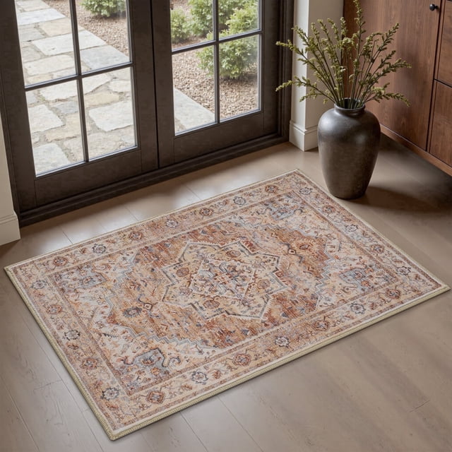 SIXHOME 2'x3' Eastern Classic Area Rug Washable Distressed Carpet Vintage Medallion Rugs for Living Room Bedroom Kitchen Dining Room Retro Neutral Home Decor Red