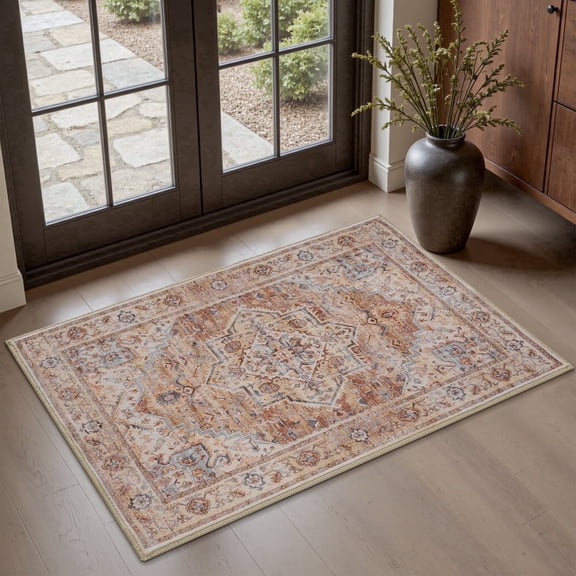 SIXHOME 2'x3' Eastern Classic Area Rug Washable Distressed Carpet Vintage Medallion Rugs for Living Room Bedroom Kitchen Dining Room Retro Neutral Home Decor Red