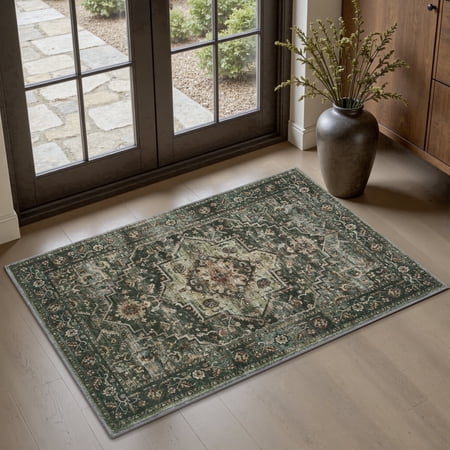 SIXHOME 2'x3' Eastern Classic Area Rug Washable Distressed Carpet Vintage Medallion Rugs for Living Room Bedroom Kitchen Dining Room Retro Neutral Home Decor Green