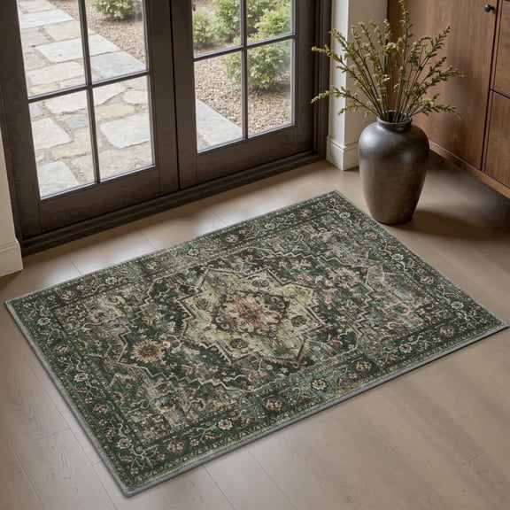 SIXHOME 2'x3' Eastern Classic Area Rug Washable Distressed Carpet Vintage Medallion Rugs for Living Room Bedroom Kitchen Dining Room Retro Neutral Home Decor Green