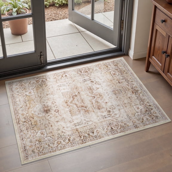 SIXHOME 2'x3' Vintage Distressed Eastern Classic Area Rug Washable Retro Medallion Carpet Neutral Oriental Traditional Rugs for Living Room Bedroom Kitchen Dining Room Home Decor Beige