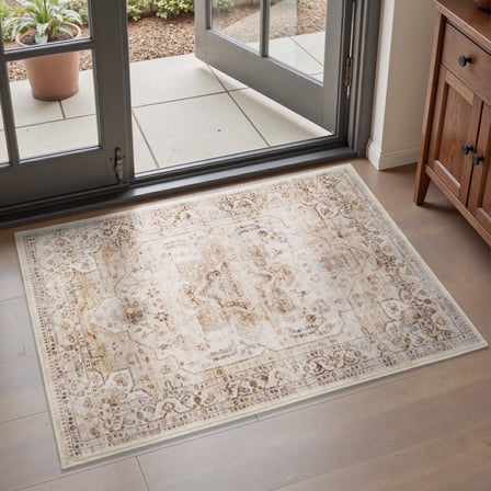 SIXHOME 2'x3' Vintage Distressed Eastern Classic Area Rug Washable Retro Medallion Carpet Neutral Oriental Traditional Rugs for Living Room Bedroom Kitchen Dining Room Home Decor Beige