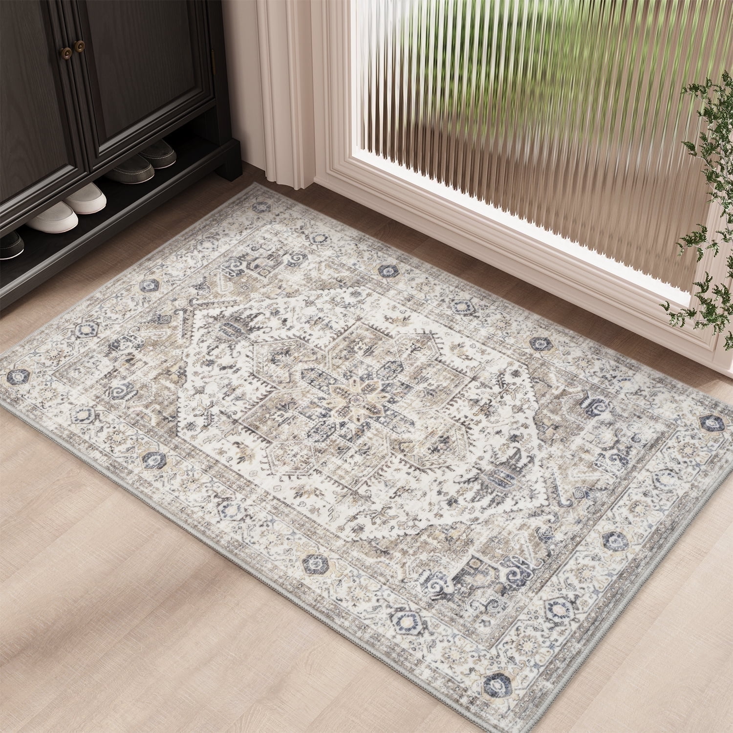 SIXHOME 2'x3' Vintage Medallion Entry Rug, Machine Washable Taupe Door ...