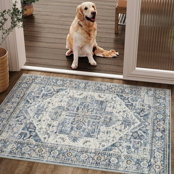 SIXHOME 2'x3' Small Entry Rug Door Mat Machine Washable Rug Vintage Medallion Door Rug for Entryway Welcome Mat Kitchen Rug Bathroom Rug Bedroom Rug Indoor Retro Home Decor Blue