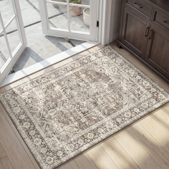 SIXHOME 2'x3' Small Entry Rug Door Mat Machine Washable Rug Vintage Medallion Door Rug for Entryway Welcome Mat Kitchen Rug Bathroom Rug Bedroom Rug Indoor Retro Home Decor Light Brown