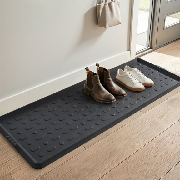 SIXHOME Heavy Duty Rubber Boot Tray Waterproof Non Slip Shoe Mat with Lip Durable Entryway Shoe Organizer Tray for Front Door Indoor Outdoor Muddy Shoes Storage 17“x47" Oval Black