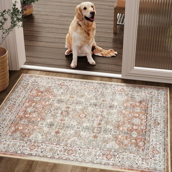 SIXHOME 2'x3' Small Entry Rug Door Mat Washable Area Rugs Ombre Vintage Floral Door Rug Aesthetic Carpet Soft Rugs for Bedroom Kitchen Bathroom Entryway Laundry Room Retro Home Decor Tan and Orange