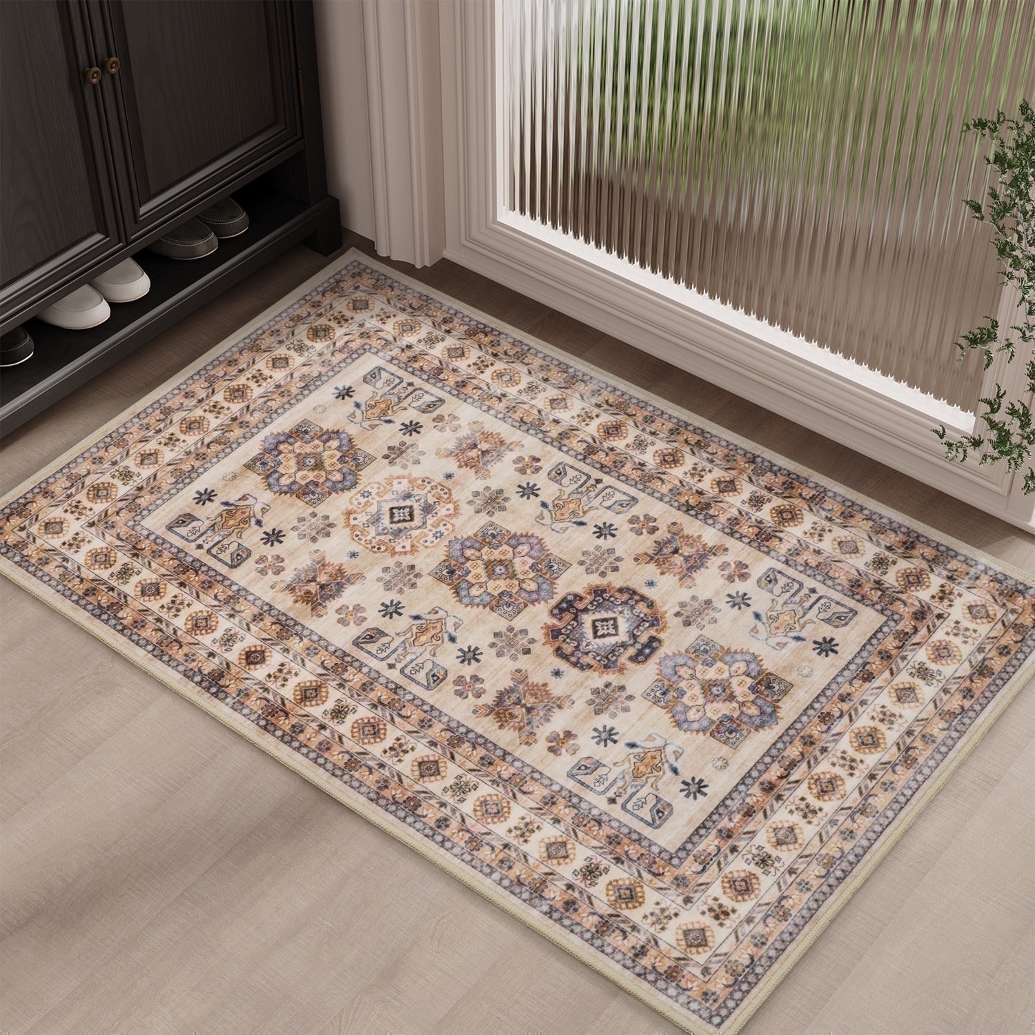 SIXHOME 2'x3' Washable Vintage Floral Entry Rug, Beige Rubber Backing ...