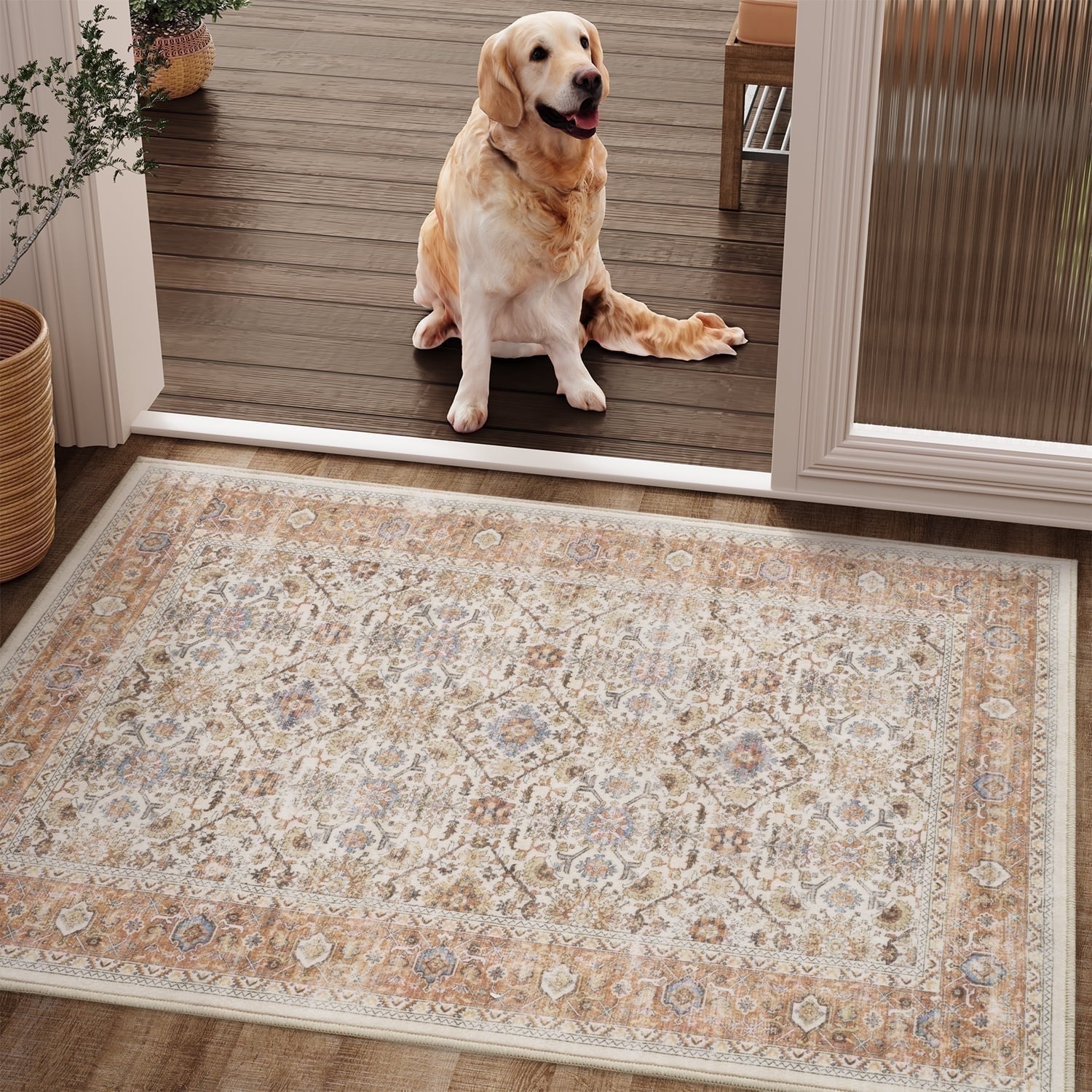 SIXHOME 2'x3' Small Entry Rug Door Mat Washable Area Rugs Vintage Floral Door Rug Traditional Aesthetic Carpet Soft Rugs for Bedroom Kitchen Bathroom Entryway Laundry Room Retro Home Decor Orange