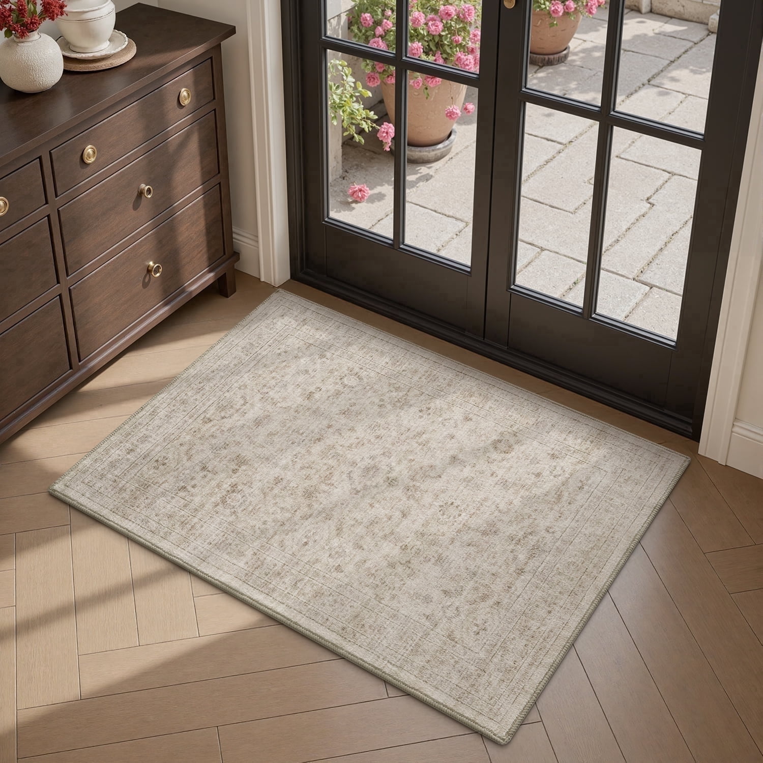 SIXHOME 2'x3' Vintage Distressed Area Rug Soft Washable Non-Slip Carpet American Classic Retro Rug with Geometric Rugs for Living Room Bedroom Neutral Home Decor Beige