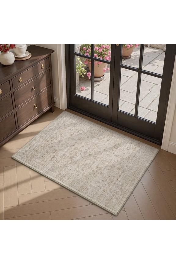 2'x3' Vintage Distressed Area Rug Soft Washable Non-Slip Carpet American Classic Retro Rug with Geometric Rugs for Living Room Bedroom Neutral Home Decor Beige
