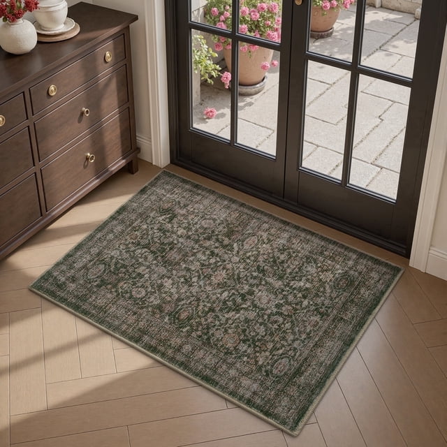 SIXHOME 2'x3' Vintage Distressed Area Rug Soft Washable Non-Slip Carpet American Classic Retro Rug with Geometric Rugs for Living Room Bedroom Neutral Home Decor Green