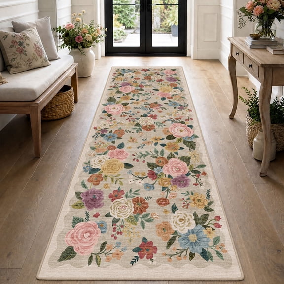 SIXHOME 2' x 6' Washable Runner Rug, Farmhouse Floral Non-Slip Carpet,Soft Botanical Indoor Rug for Hallway, Bedroom, Bedside, Laundry Room & Kitchen, Beige