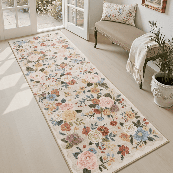 SIXHOME 2'x6' Runner Rug Floral Washable Rugs for Living Room Bedroom Dining Room Soft Vintage Flower Non Slip Carpet Indoor Rug Beige