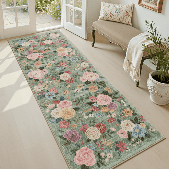 SIXHOME 2'x6' Runner Rug Floral Washable Rugs for Living Room Bedroom Dining Room Soft Vintage Flower Non Slip Carpet Indoor Rug Green