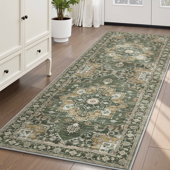 SIXHOME 2'x6' Runner Rug Washable Traditional Carpet Non Slip Soft Retro Floral Runner for Entryway Kitchen Laundry Room Bedroom Vintage Green