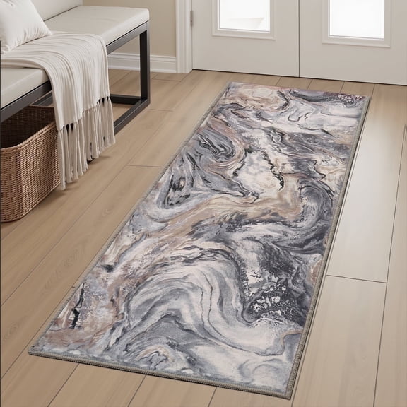 SIXHOME 2'x6'Runner Rug for Hallway Ultra Soft Abstract Kitchen rugs Washable Non Slip Rubber Backing Rug Modern Marble Swirl Indoor Floor Accent Mat Runner for Bedroom Bathroom Entryway Laundry Gray
