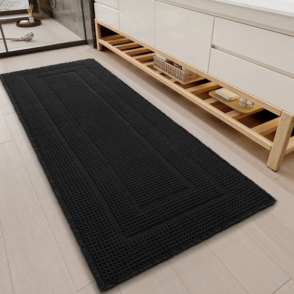 SIXHOME Waffle Bath Mat for Bathroom Runner Rugs, Soft Absorbent Non Slip Long Bathroom Rug, Quick Dry Machine Washable Bath Mat with Rubber Backing, Boho Tassel, 2'x6' Black