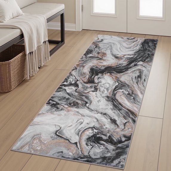 SIXHOME 2'x6'Runner Rug for Hallway Ultra Soft Abstract Kitchen rugs Washable Non Slip Rubber Backing Rug Modern Marble Swirl Indoor Floor Accent Mat Runner for Bedroom Entryway Black and Gold