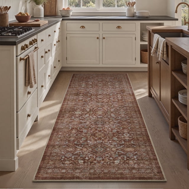 SIXHOME 2'x6' Vintage Distressed Area Rug Soft Washable Non-Slip Carpet American Classic Retro Rug with Geometric Rugs for Living Room Bedroom Neutral Home Decor Red