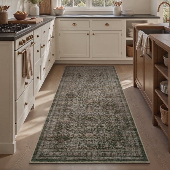 SIXHOME 2'x6' Vintage Distressed Area Rug Soft Washable Non-Slip Carpet American Classic Retro Rug with Geometric Rugs for Living Room Bedroom Neutral Home Decor Green