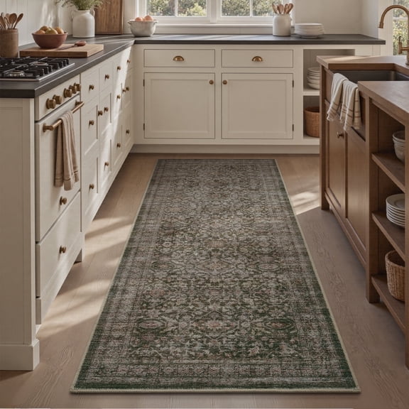 SIXHOME 2'x6' Vintage Distressed Area Rug Soft Washable Non-Slip Carpet American Classic Retro Rug with Geometric Rugs for Living Room Bedroom Neutral Home Decor Green
