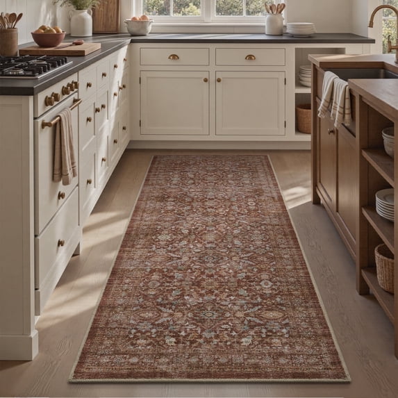 SIXHOME 2'x6' Vintage Distressed Area Rug Soft Washable Non-Slip Carpet American Classic Retro Rug with Geometric Rugs for Living Room Bedroom Neutral Home Decor Red